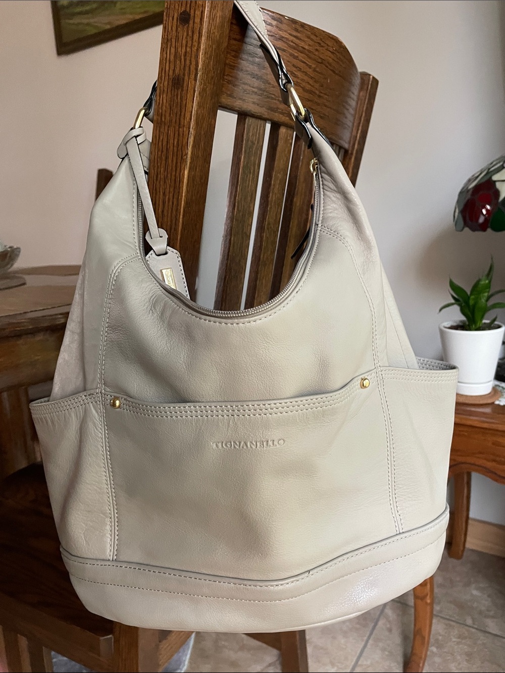 Tignanello Soft Cream Leather Hobo with Gold Accents